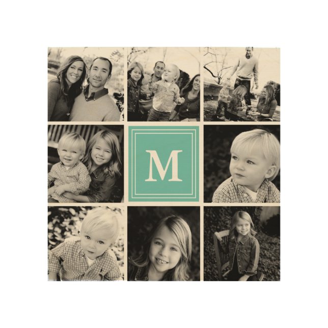 Teal Monogram Family Photo Collage Wood Wall Art (Front)