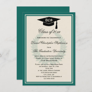 Teal Monogram Laurel Classic College Graduation Invitation
