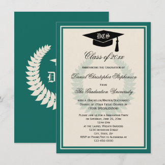 Teal Monogram Laurel Classic College Graduation Invitation