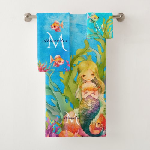 Teal Monogram Name Mermaid Bath Towel Set