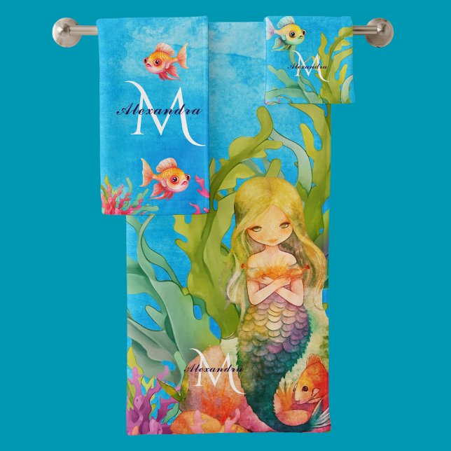 Teal Monogram Name Mermaid Bath Towel Set (Creator Uploaded)