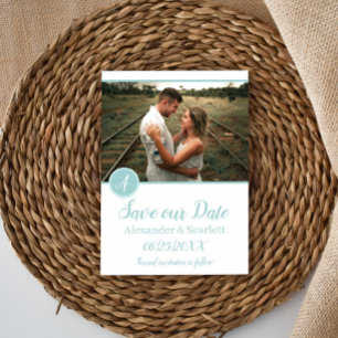 Teal Monogram Photo Save The Date Announcement