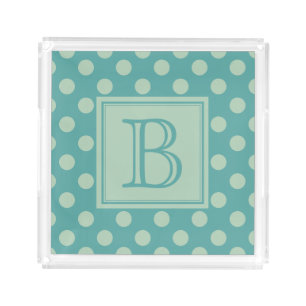 Teal Monogram Polka Dot Pattern Acrylic Tray