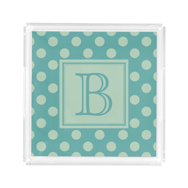 Teal Monogram Polka Dot Pattern Acrylic Tray (Front)