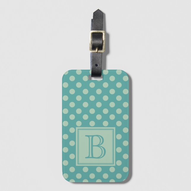 Teal Monogram Polka Dot Pattern Luggage Tag (Front Vertical)