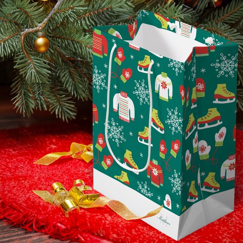 Teal Monogram Snowflakes Pattern Family Christmas Medium Gift Bag