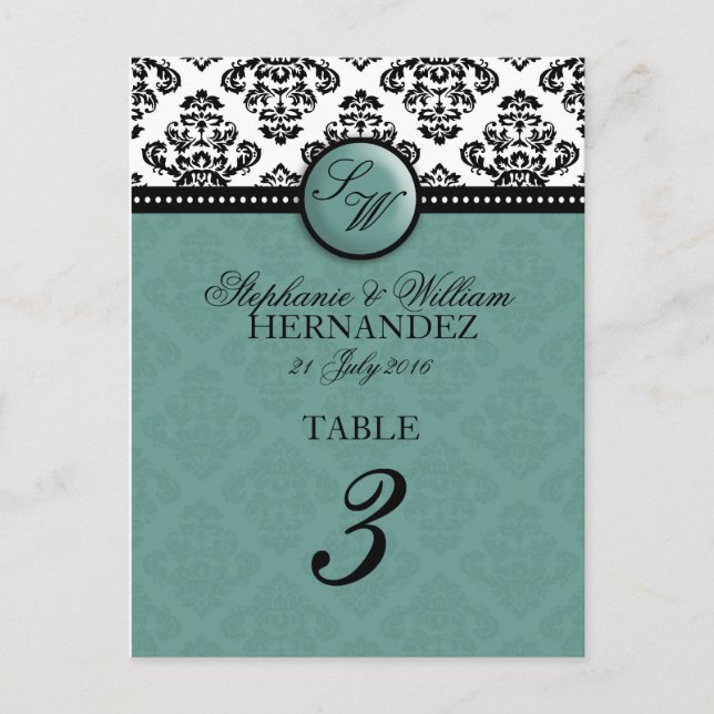 Teal Monogram Wedding Reception Table Number (Front)