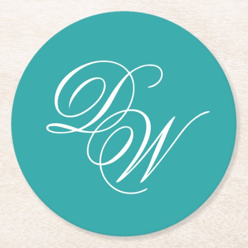 Teal Monogram Wedding Simple Elegant Calligraphy Round Paper Coaster