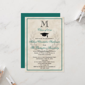 Teal Monogram Wreath Classic College Graduation Invitation