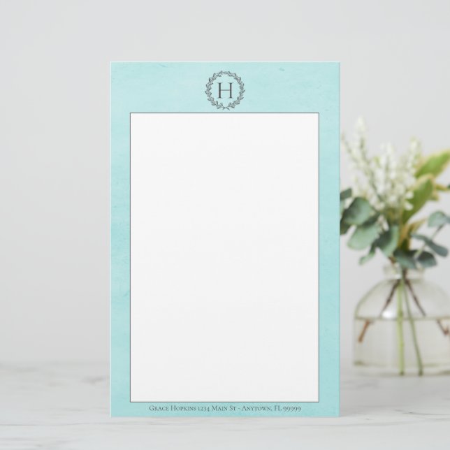 Teal Monogram Wreath Stationery (Standing Front)