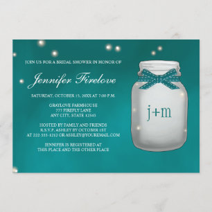 Teal Monogrammed Firefly Mason Jar Bridal Shower Invitation