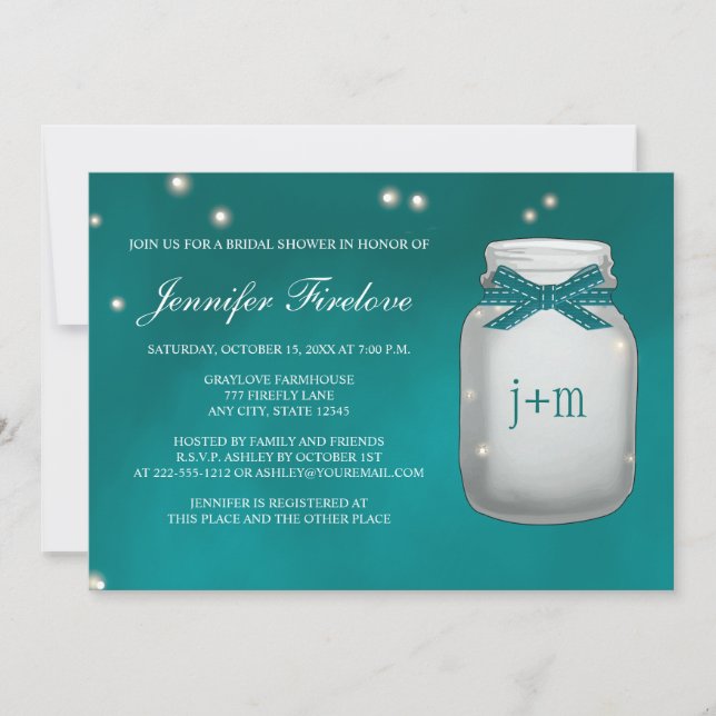 Teal Monogrammed Firefly Mason Jar Bridal Shower Invitation (Front)