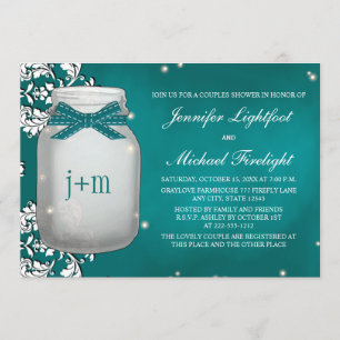 Teal Monogrammed Firefly Mason Jar Couples Shower Invitation