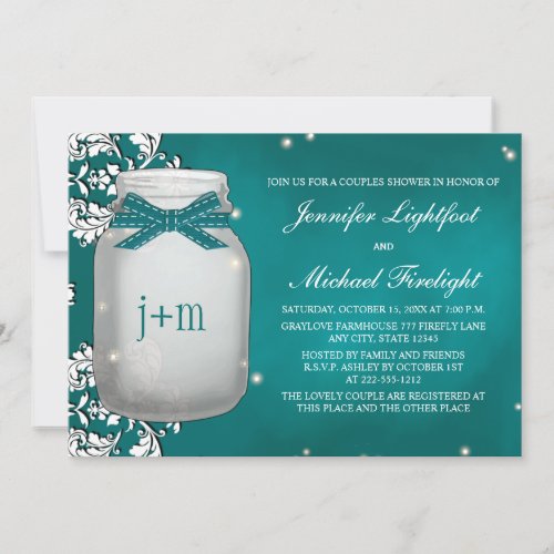 Teal Monogrammed Firefly Mason Jar Couples Shower Invitation