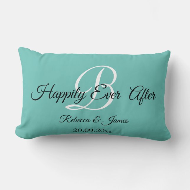 Teal  Monogrammed Happily Ever After Lumbar Pillow (Front)