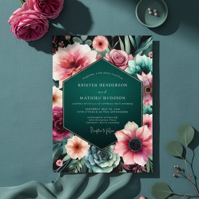 Teal Moody Floral Elegance Wedding Invitation (Creator Uploaded)