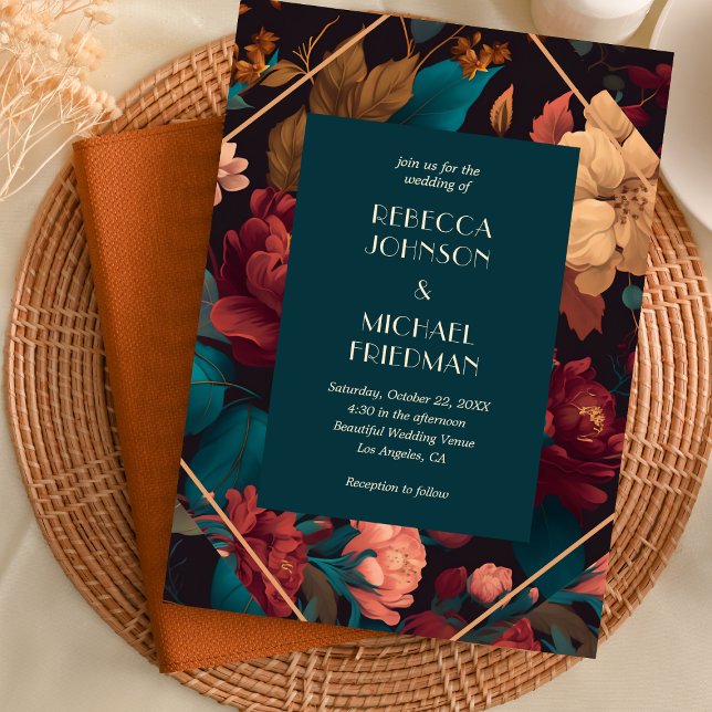 Teal Moody Floral Fall Bloom Autumn Wedding Invitation (Creator Uploaded)
