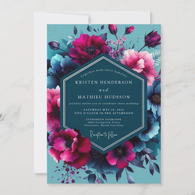 Teal Moody Floral Opulence Wedding Invitation (Front)
