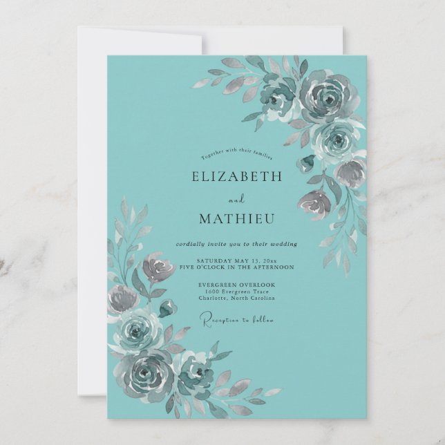Teal Moody Floral Romance Wedding Invitation (Front)