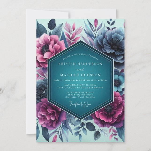 Teal Moody Floral Romance Wedding Invitation (Front)