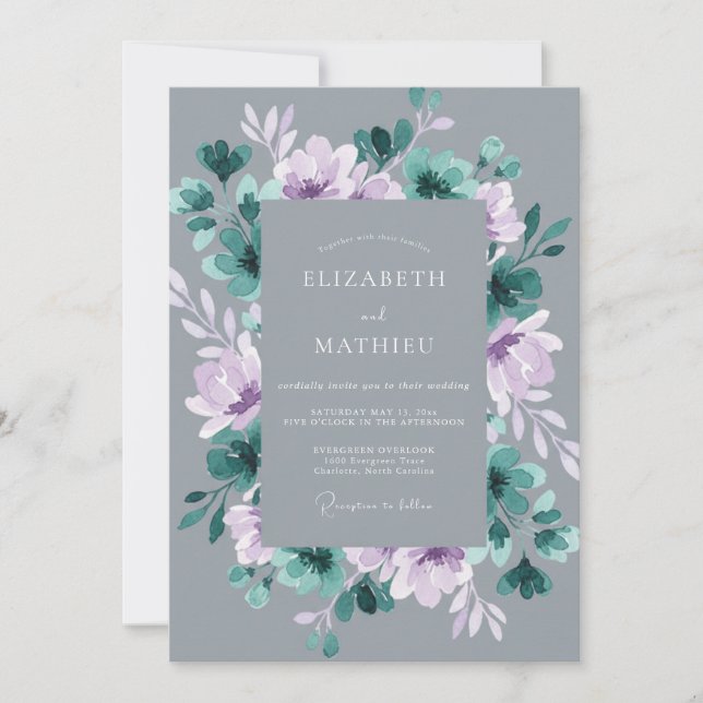 Teal Moody Winter Floral Wedding Invitation (Front)