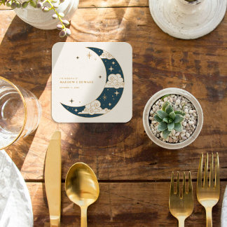 Teal Moon & Stars Celestial Wedding Reception Square Paper Coaster