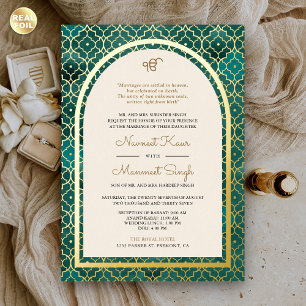 Teal Moroccan Pattern Sikh Arch Wedding Gold Foil Invitation