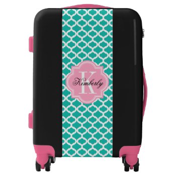 Teal Moroccan Pattern With Pink Monogram Luggage by PastelCrown at Zazzle