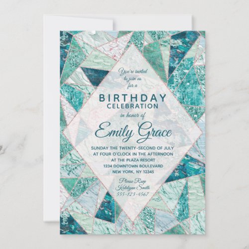 Teal Mosaic Marble Birthday Party Invitation