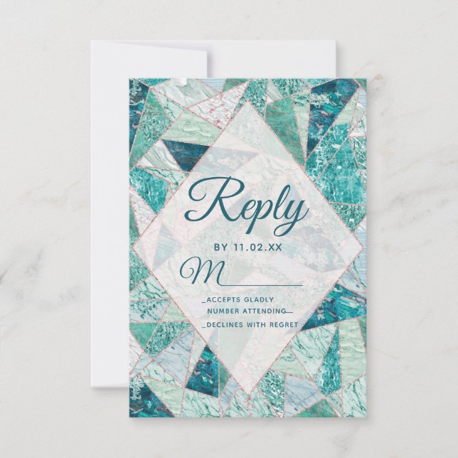 Teal Mosaic Marble Triangles Modern Wedding RSVP Card (Front)