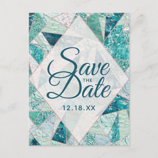 Teal Mosaic Marble Triangles Save the Date Announcement Postcard (Front)