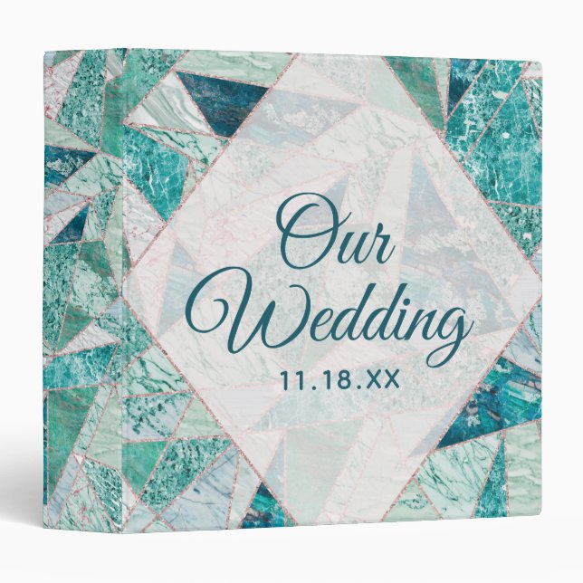 Teal Mosaic Marble Triangles Wedding Photo Album 3 Ring Binder (Front/Spine)