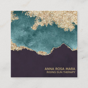 *~*Teal Moss Agate Geode Black Gold Glitter Square Business Card