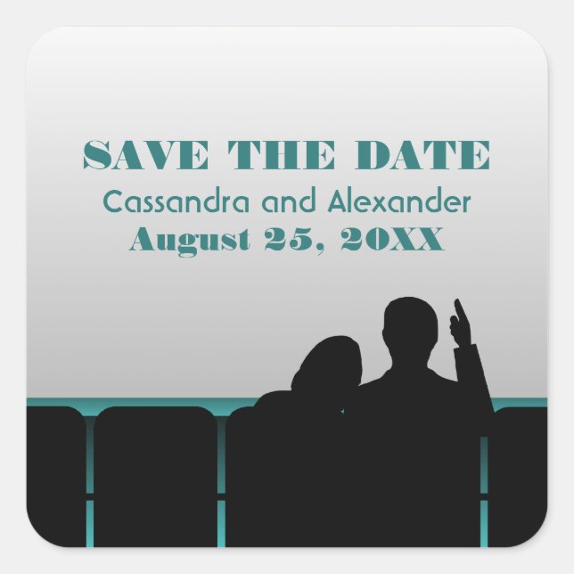 Teal Movie Theater Save the Date Stickers (Front)