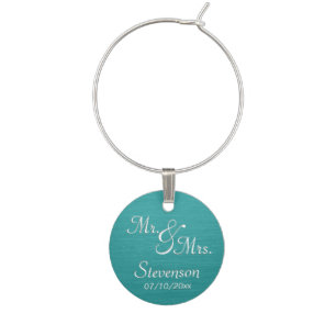 Teal Mr. and Mrs. Memento with Date Wine Charm