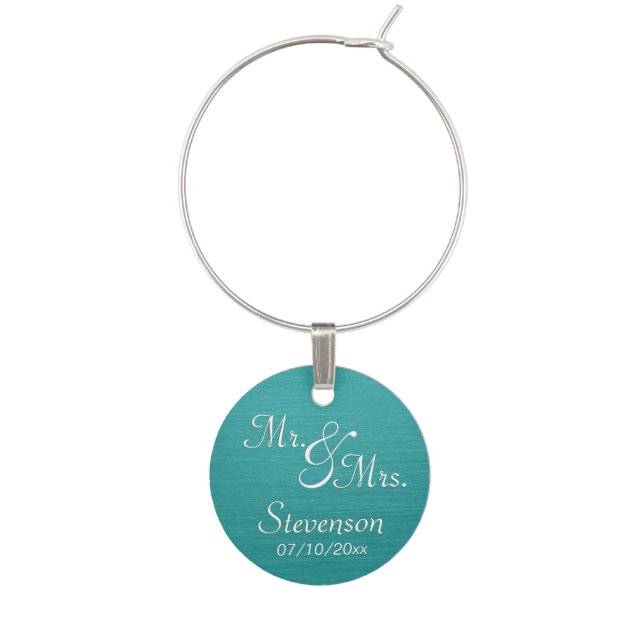 Teal Mr. and Mrs. Memento with Date Wine Charm (Front)