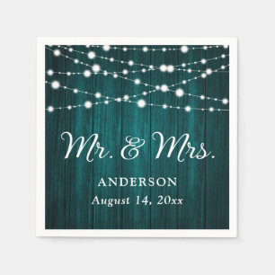 Teal Mr. and Mrs. String Lights Wood Wedding Napkins