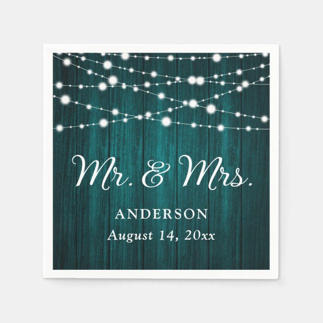 Teal Mr. and Mrs. String Lights Wood Wedding Napkins (Front)