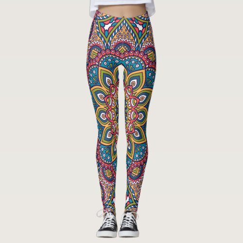 Teal  Multicolor Mandala Boho Tribal Pattern Leggings