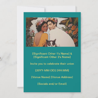 Teal multicultural couple flower art with feline invitation