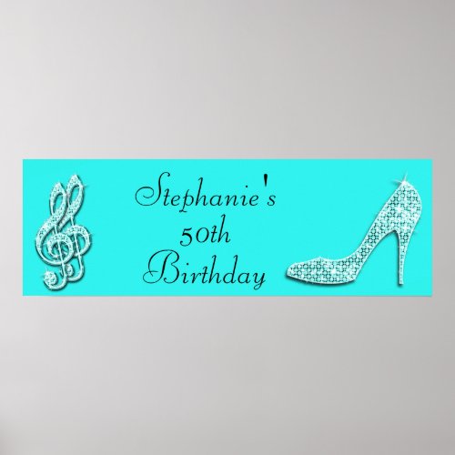 Teal Music Notes and Stiletto 50th Birthday Poster