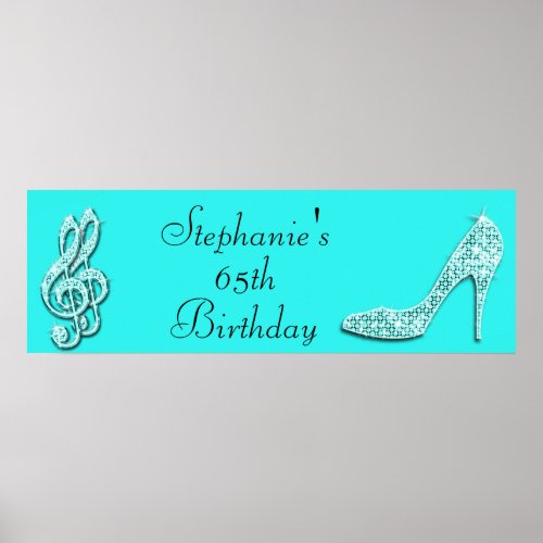 Teal Music Notes and Stiletto 65th Birthday Poster