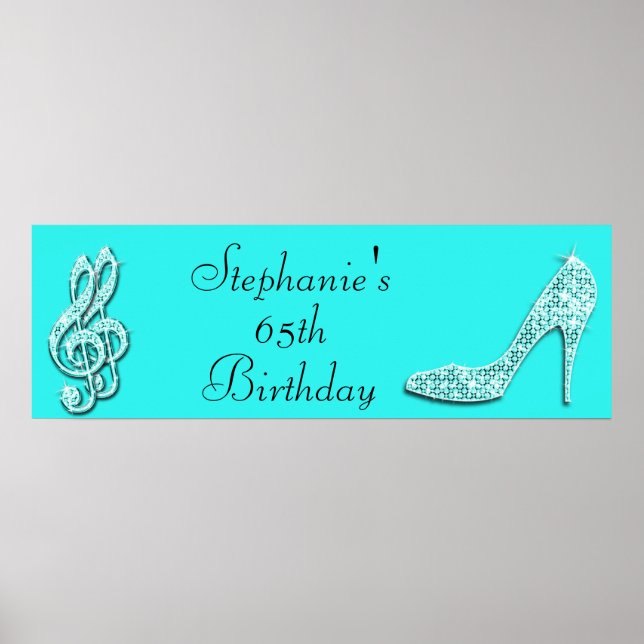 Teal Music Notes and Stiletto 65th Birthday Poster (Front)