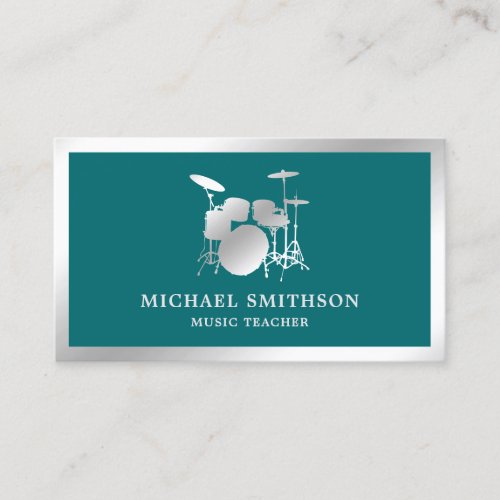 Teal Music Teacher Silver Foil Drum Kit Drummer Business Card