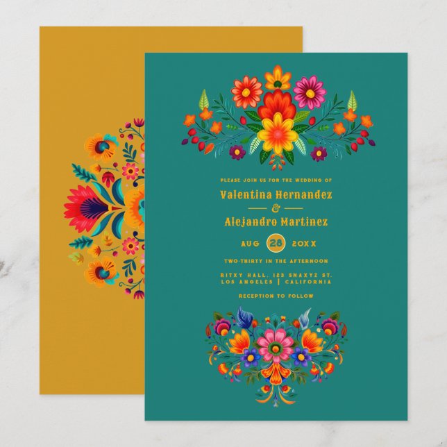 Teal & Mustard Mexican Folk Art Fiesta Wedding Invitation (Front/Back)