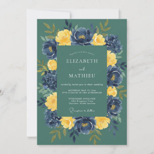 Teal Mustard Ranunculus Soft Eucalyptus Wedding Invitation