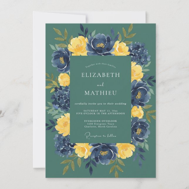 Teal Mustard Ranunculus Soft Eucalyptus Wedding Invitation (Front)