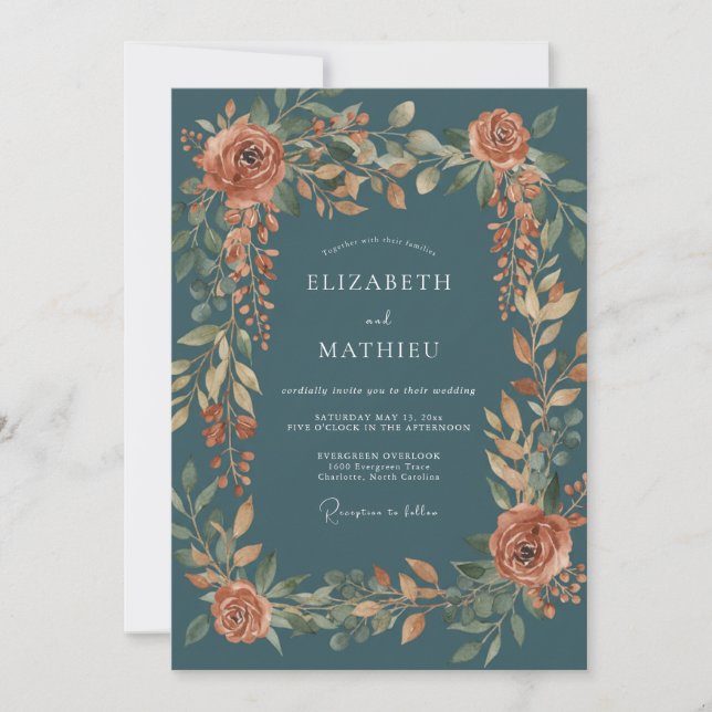 Teal Muted Terracotta Floral Wedding Invitation (Front)