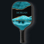 Teal Name, Black, Gold & Teal Agate Pickleball Paddle<br><div class="desc">Personalize your Name In Sky Blue on Black,  Gold & Teal Agate.</div>