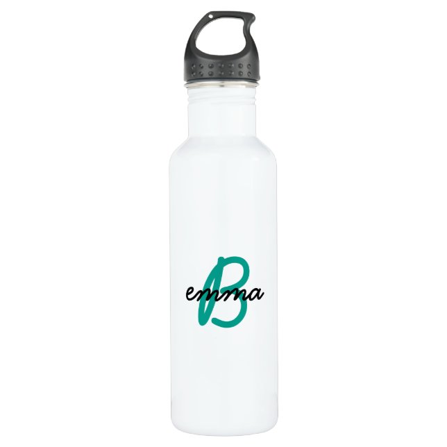 Teal Name | Modern Cyan Trendy Initial Green Stainless Steel Water Bottle (Front)